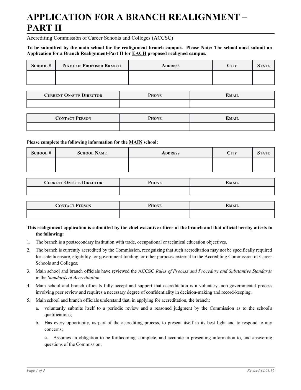 Application for a Branch Facility Part - Ii