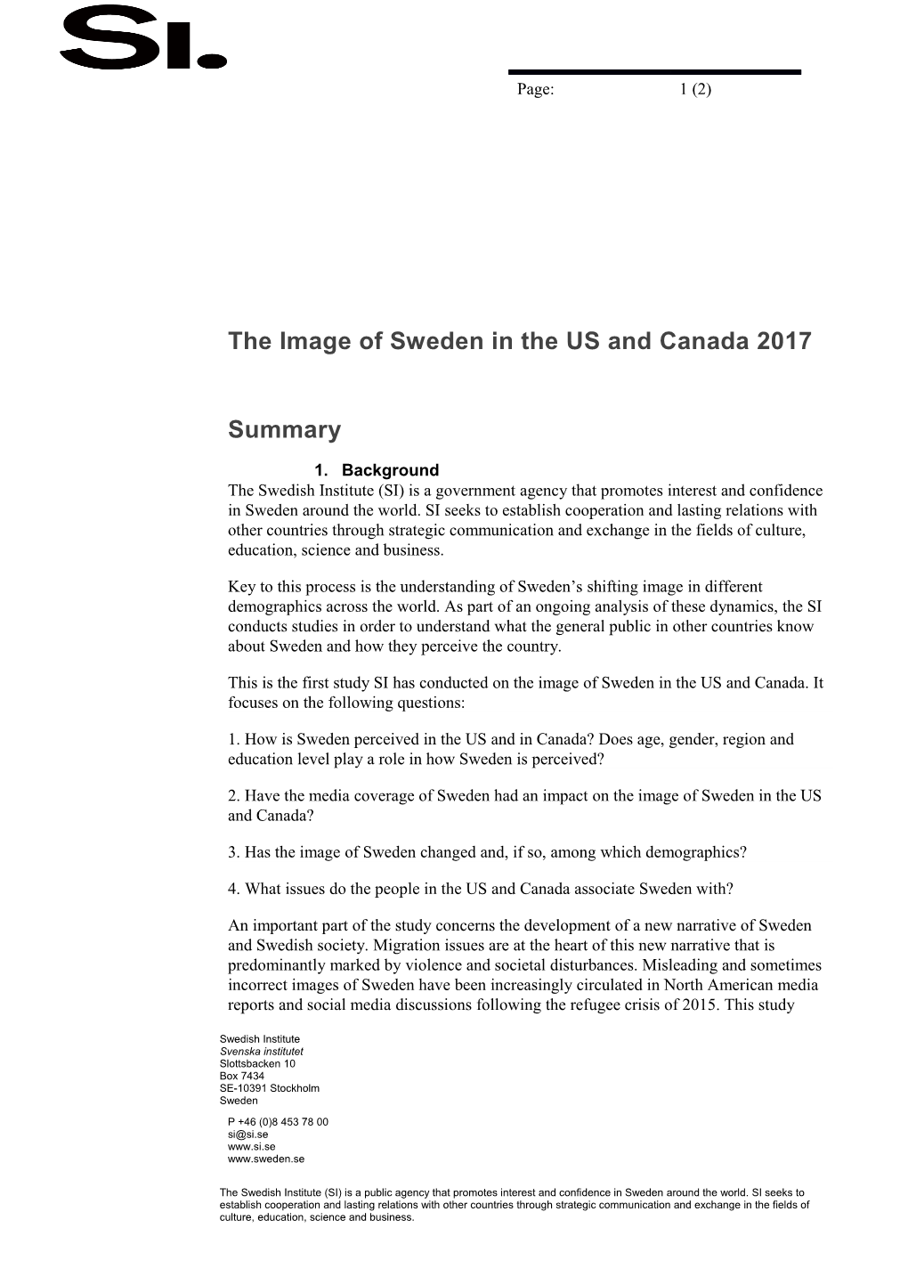 The Image of Sweden in the US and Canada 2017