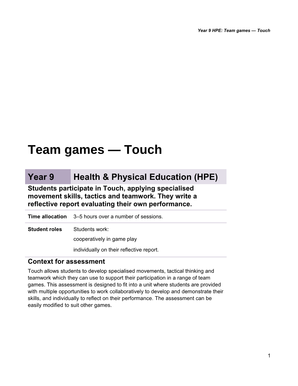 Year 9 Health & Physical Education Assessment Teacher Guidelines Team Games - Touch Queensland