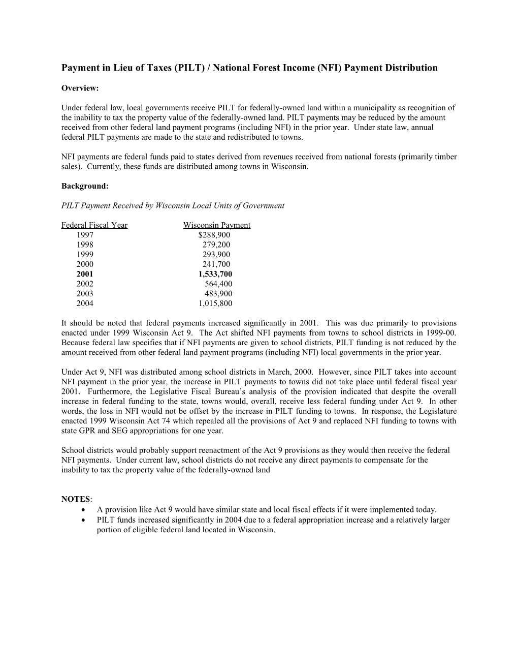 Payment in Lieu of Taxes (PILT) / National Forest Income (NFI) Payment Distribution