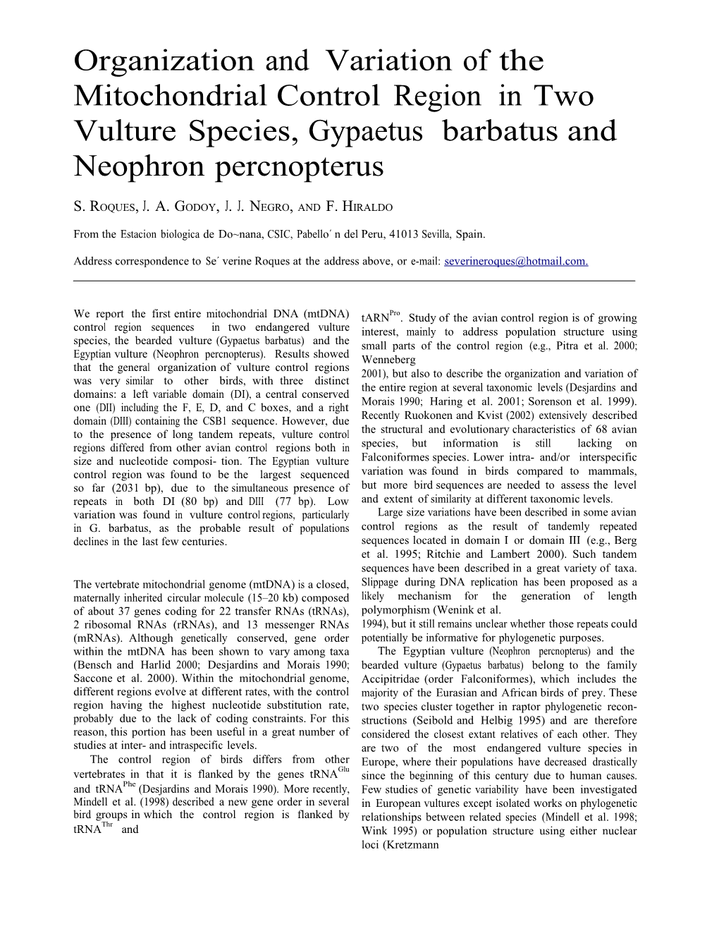 Organizationand Variationofthe Mitochondrialcontrolregion Intwo Vulturespecies,Gypaetus