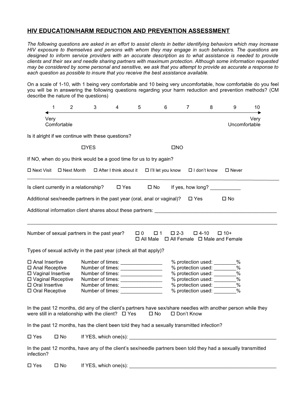 Hiv Education/Harm Reduction and Prevention Assessment