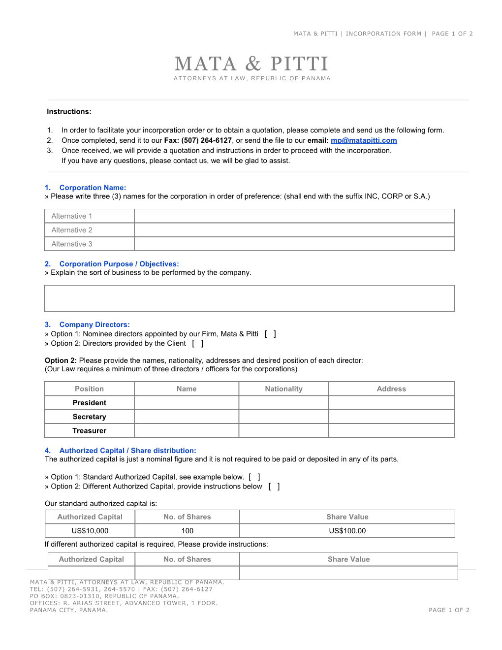 Mata & Pitti, Panama IBC Incorporation Form