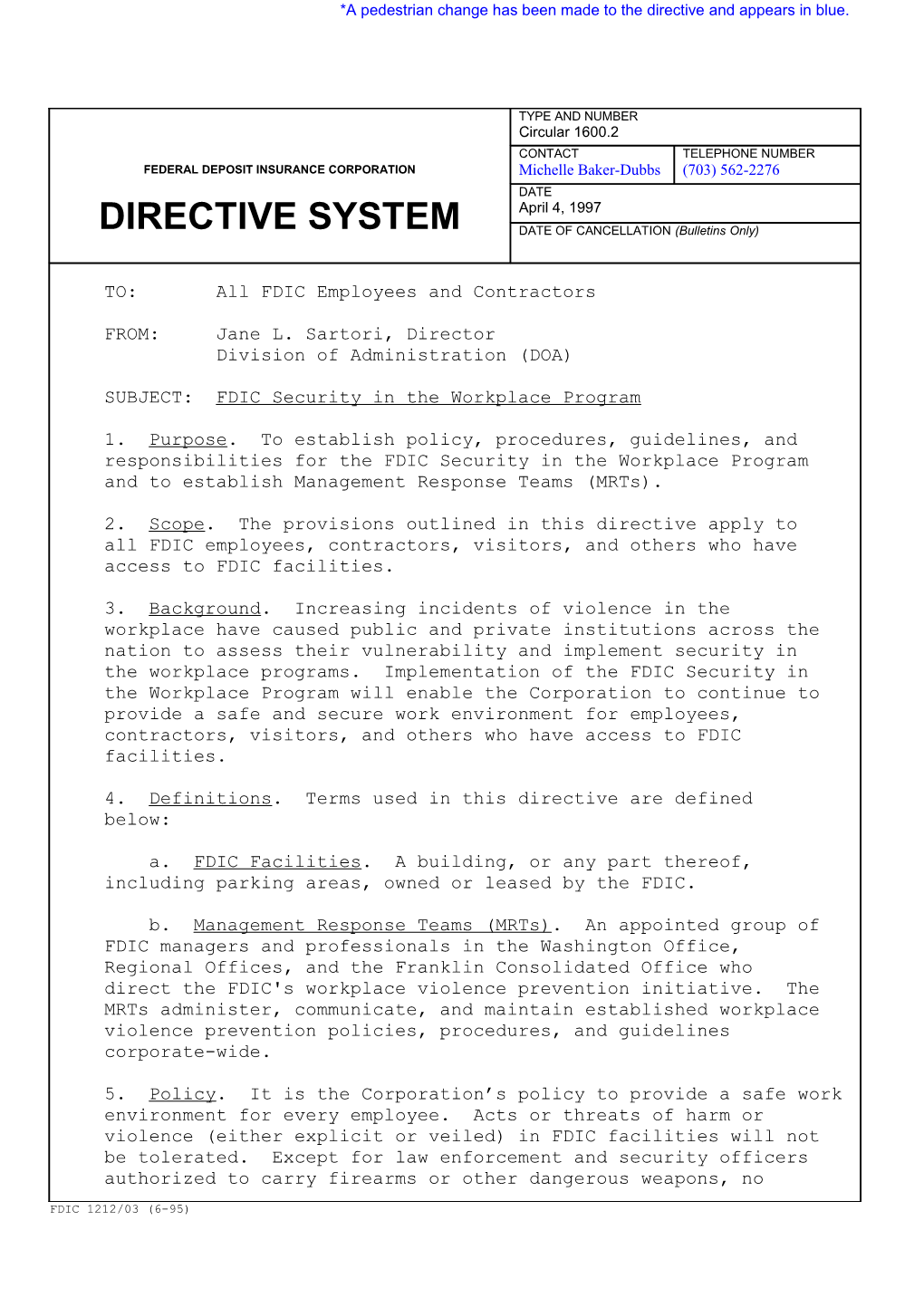 Circular 1600.2 FDIC Security in the Workplace Program