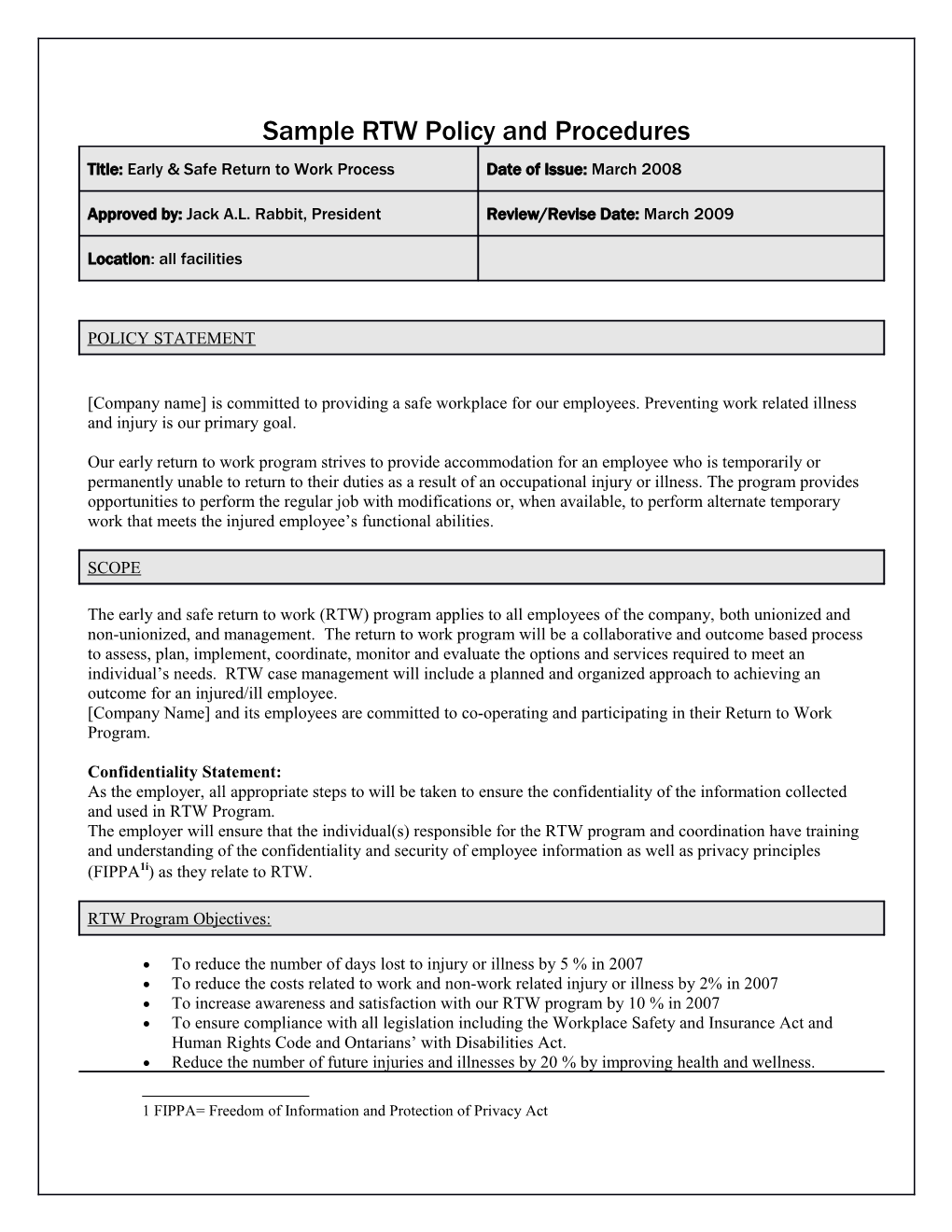 Sample Template for RTW Policy and Procedures