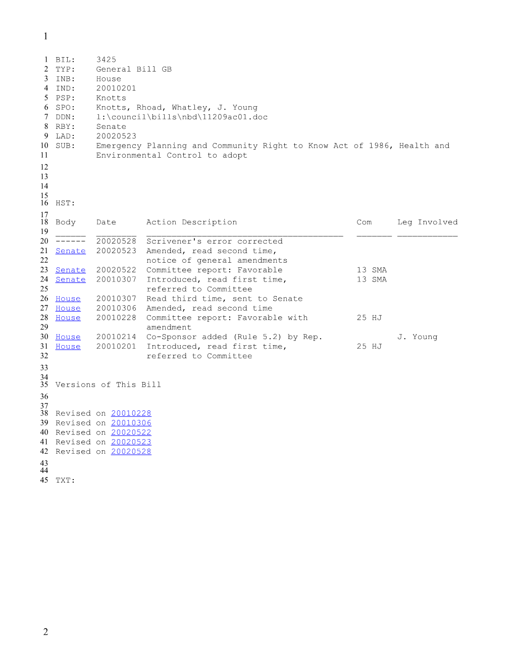 2001-2002 Bill 3425: Emergency Planning and Community Right to Know Act of 1986, Health