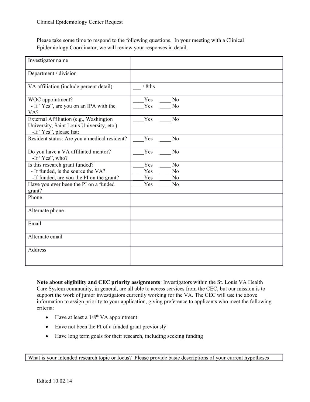 Clinical Epidemiology Center Request