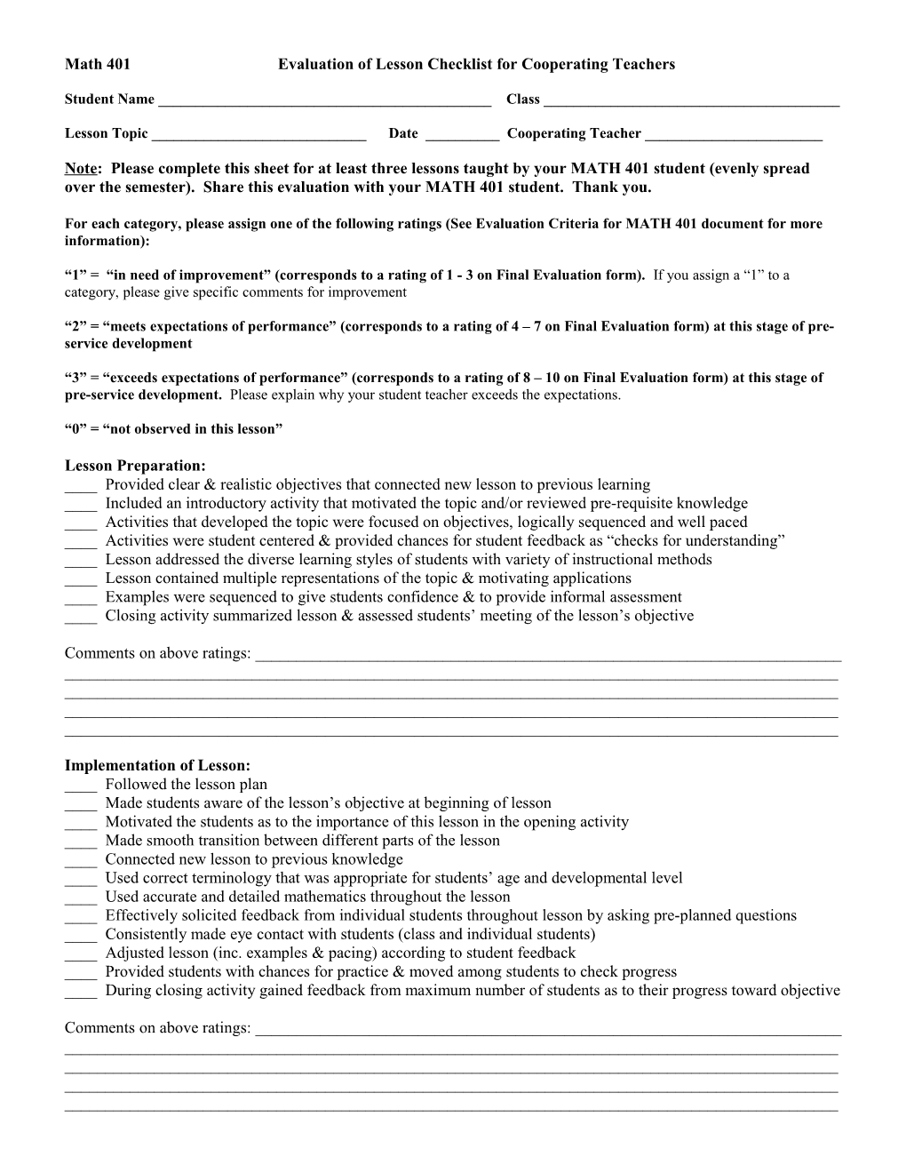 Math 401Evaluation of Lesson Checklist for Cooperating Teachers
