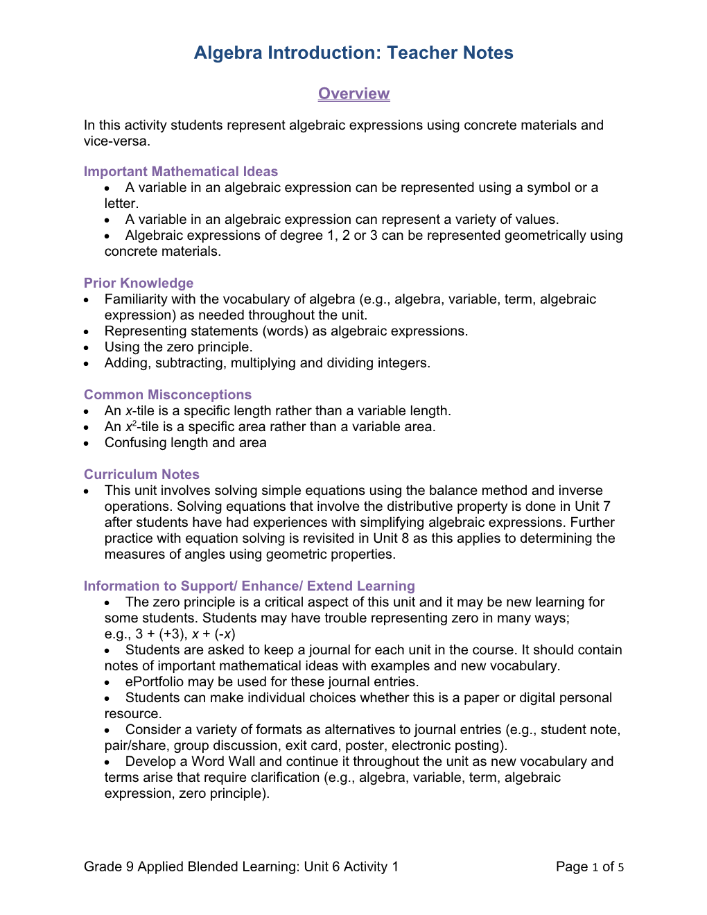 Algebra Introduction: Teacher Notes