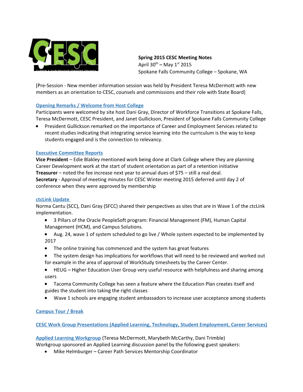 Spring 2015 CESC Meeting Notes