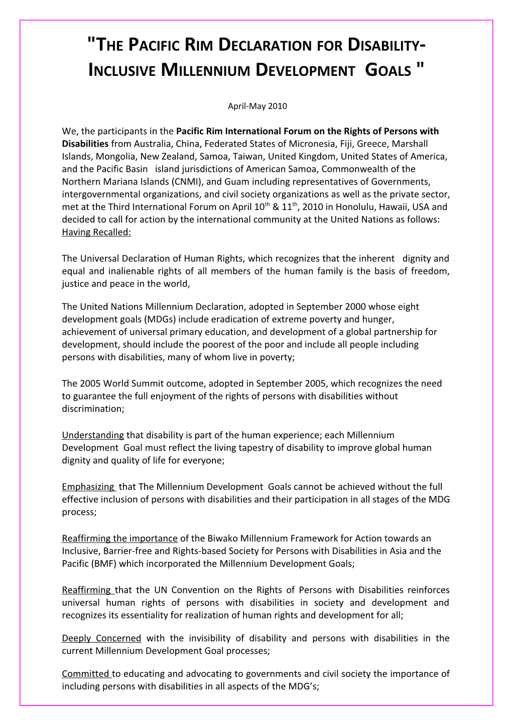 Pacific Rim Declaration for Disability-Inclusive Mdgs