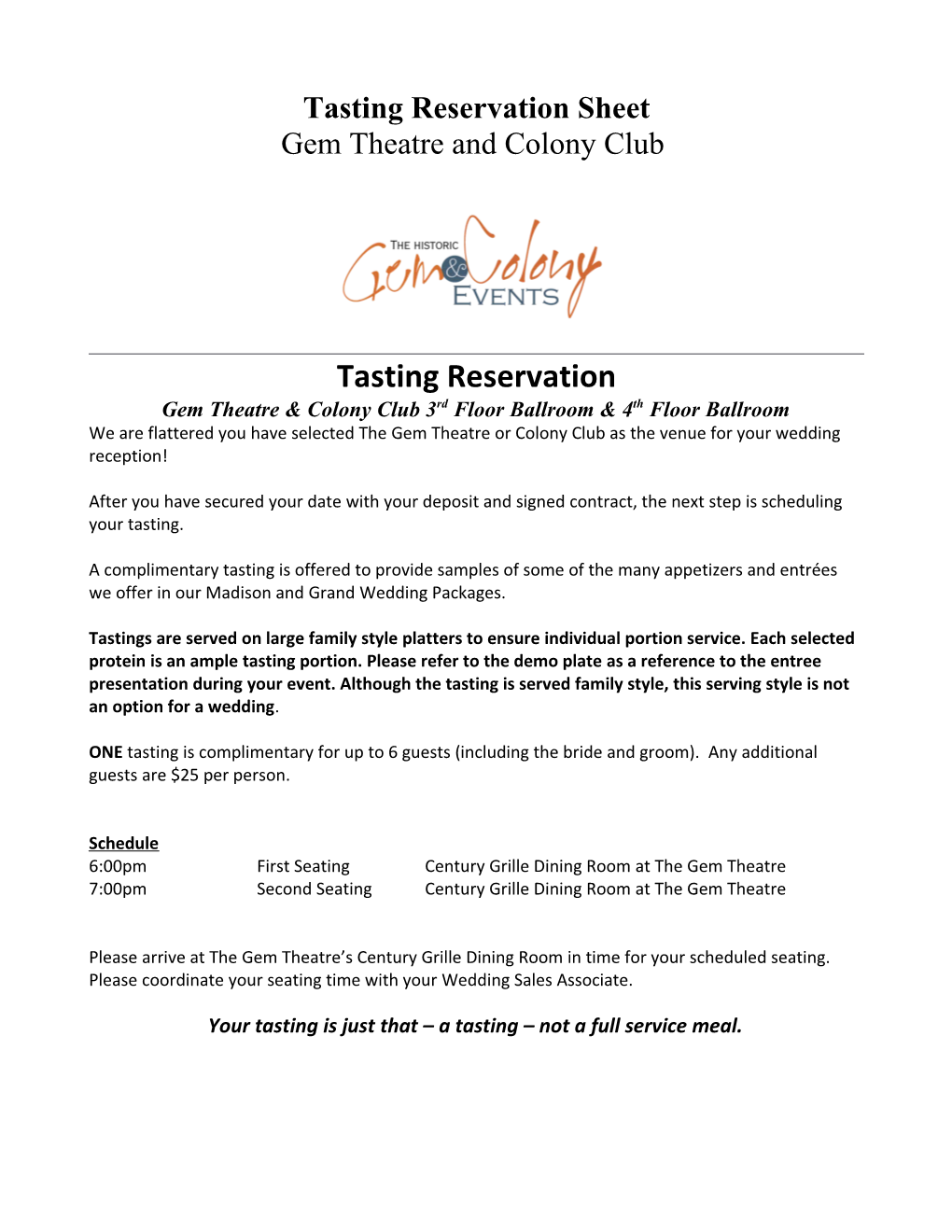 Tasting Reservation Sheet