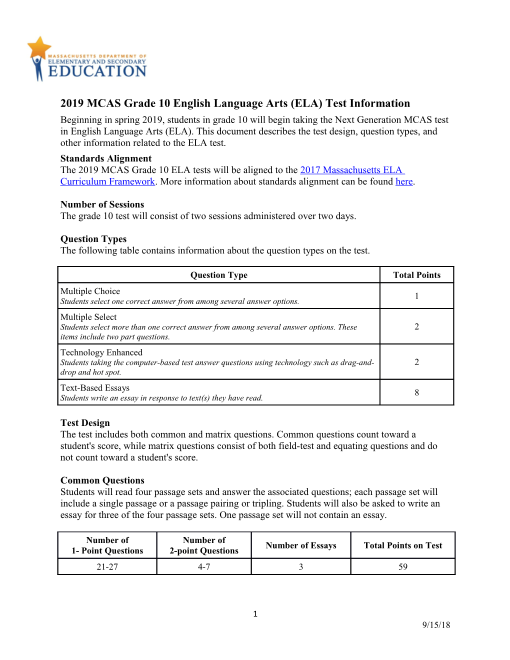 2019 MCAS Grade 10 ELA Test Design September 2018