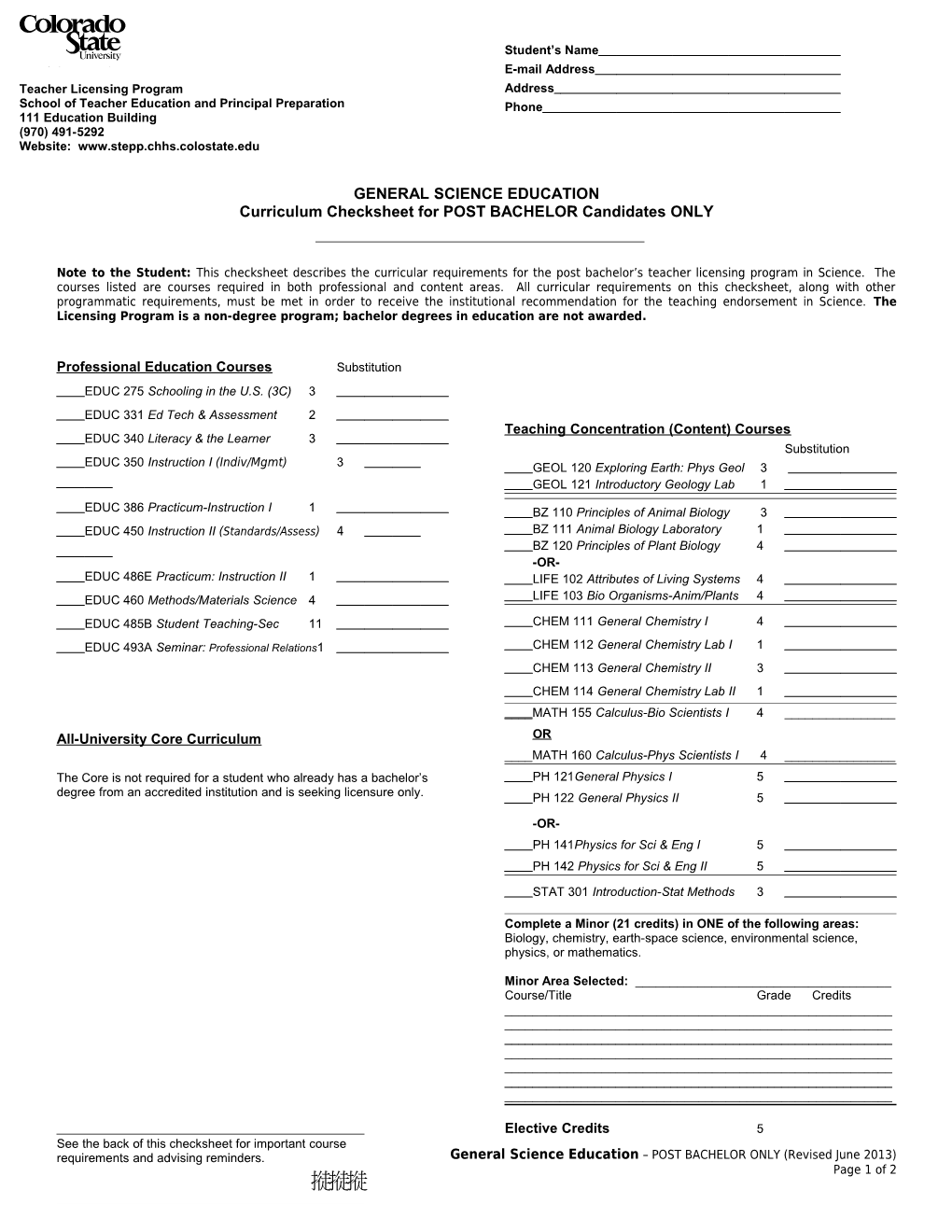 Curriculum Checksheet for POST BACHELOR Candidates ONLY