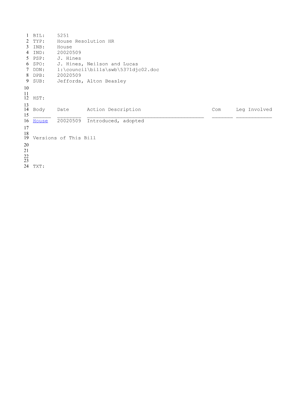 2001-2002 Bill 5251: Jeffords, Alton Beasley - South Carolina Legislature Online