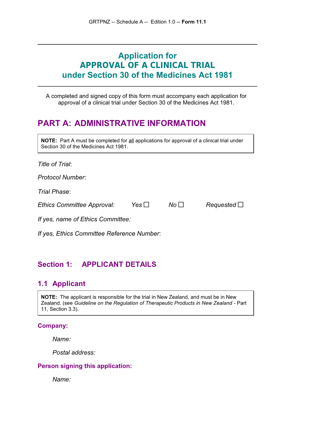 Form 11.1 - Application for Approval of CT