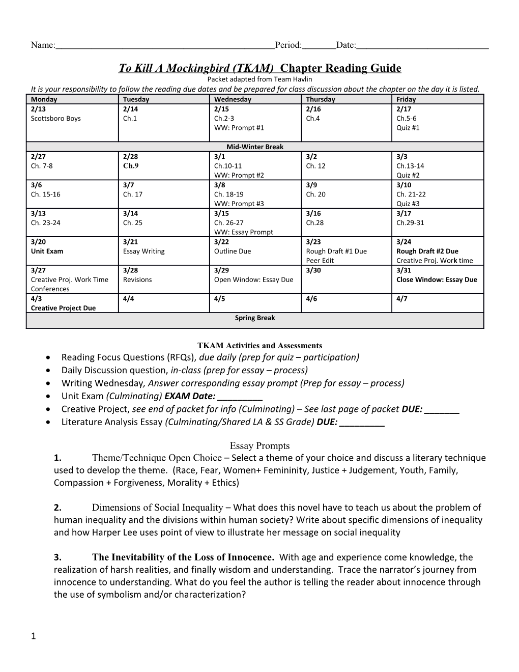 To Kill a Mockingbird (TKAM) Chapter Reading Guide