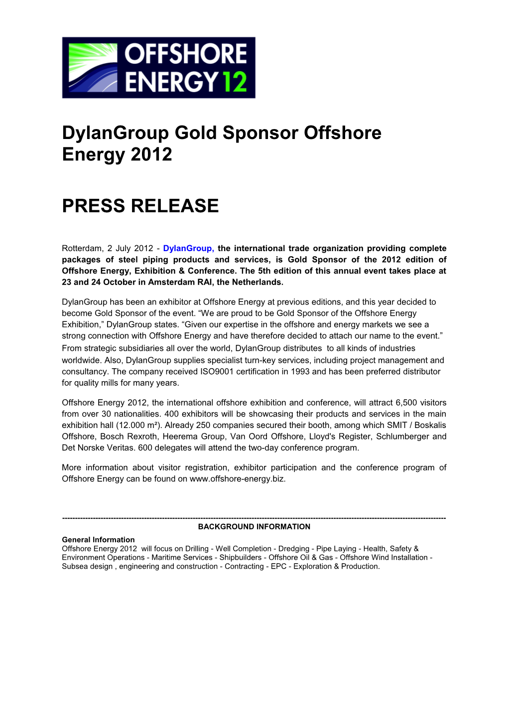 Dylangroup Gold Sponsor Offshore Energy 2012