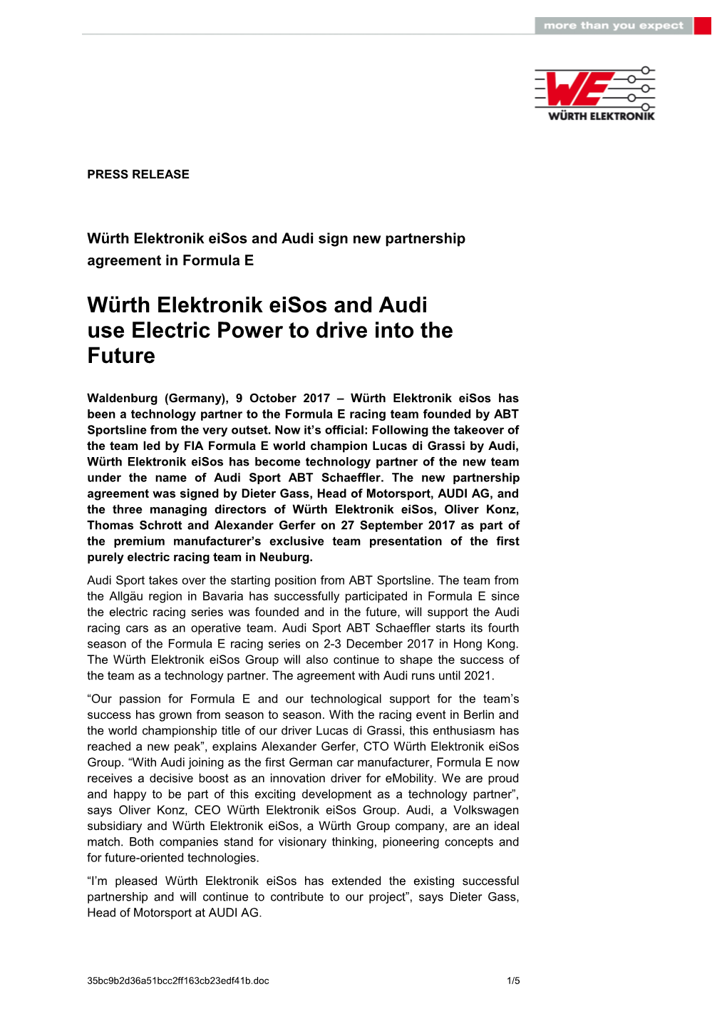 Würth Elektronik Eisos and Audi Sign New Partnership Agreement in Formula E