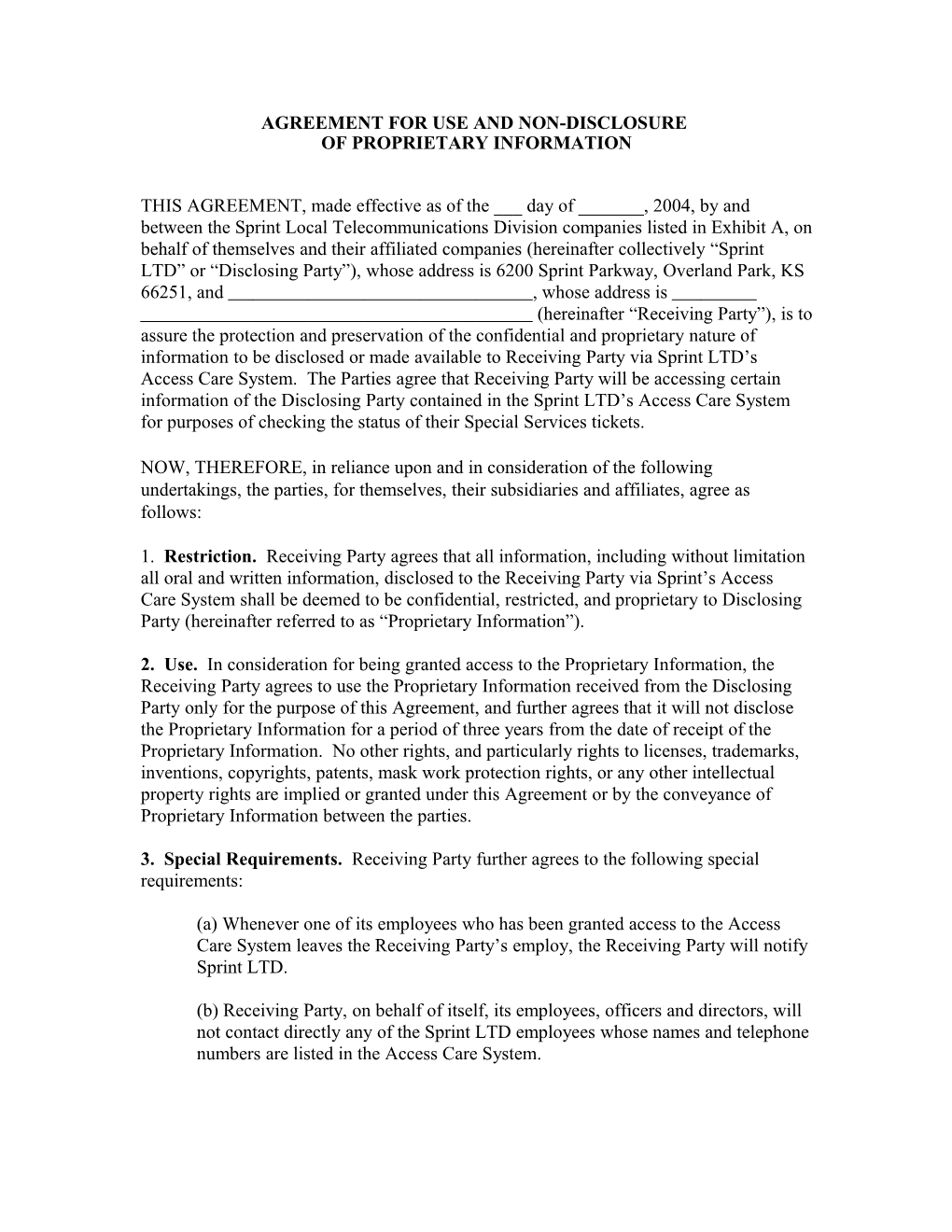 Agreement for Use and Non-Disclosure