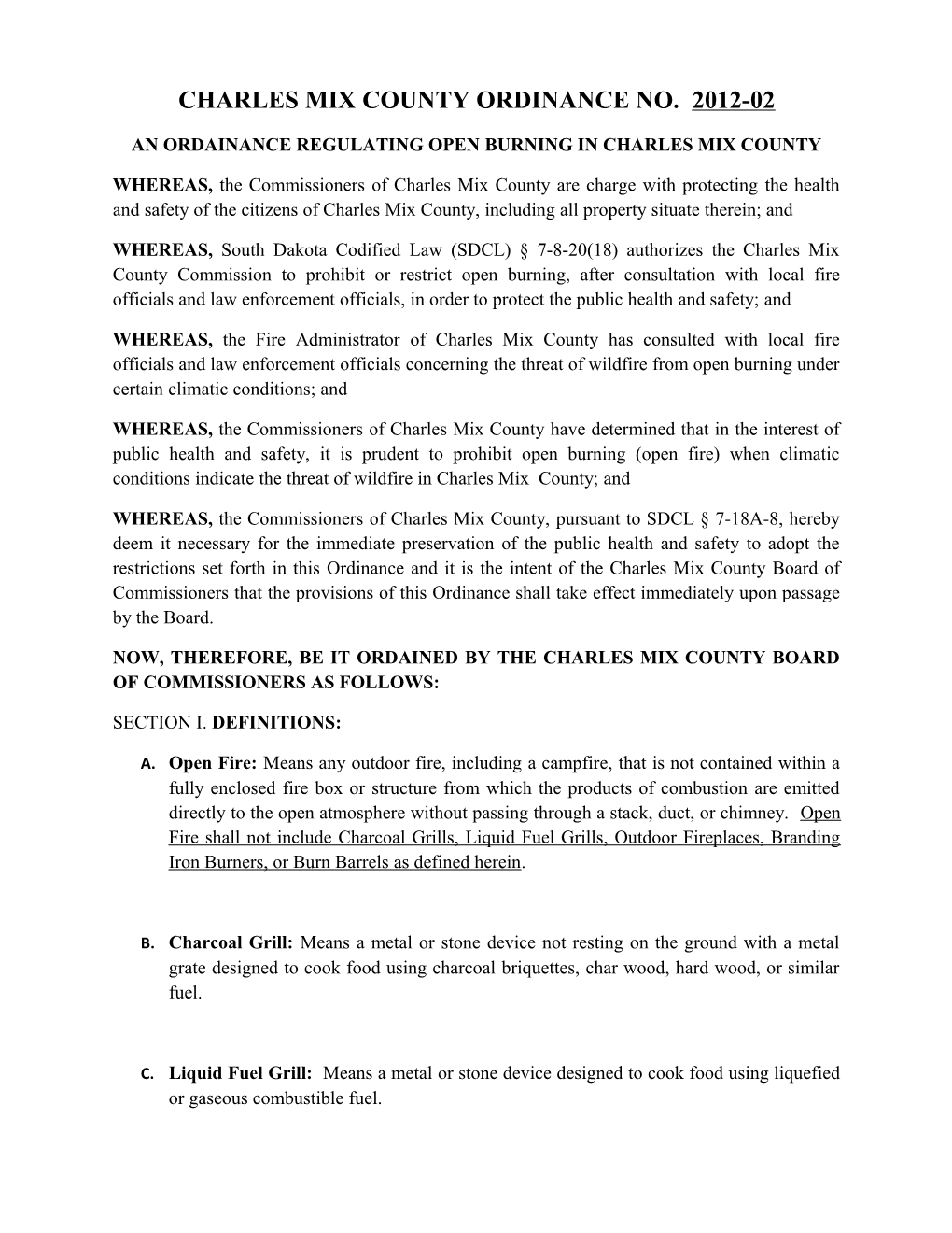 Charles Mix County Ordinance No. 2012-02