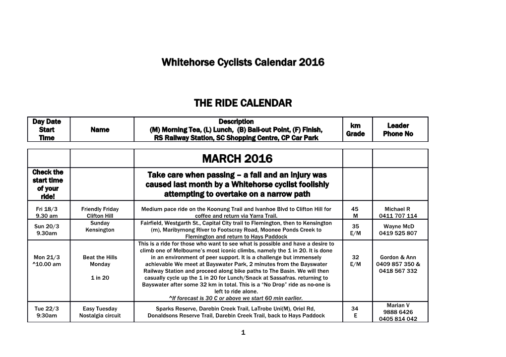 Whitehorse Cyclists Calendar 2016
