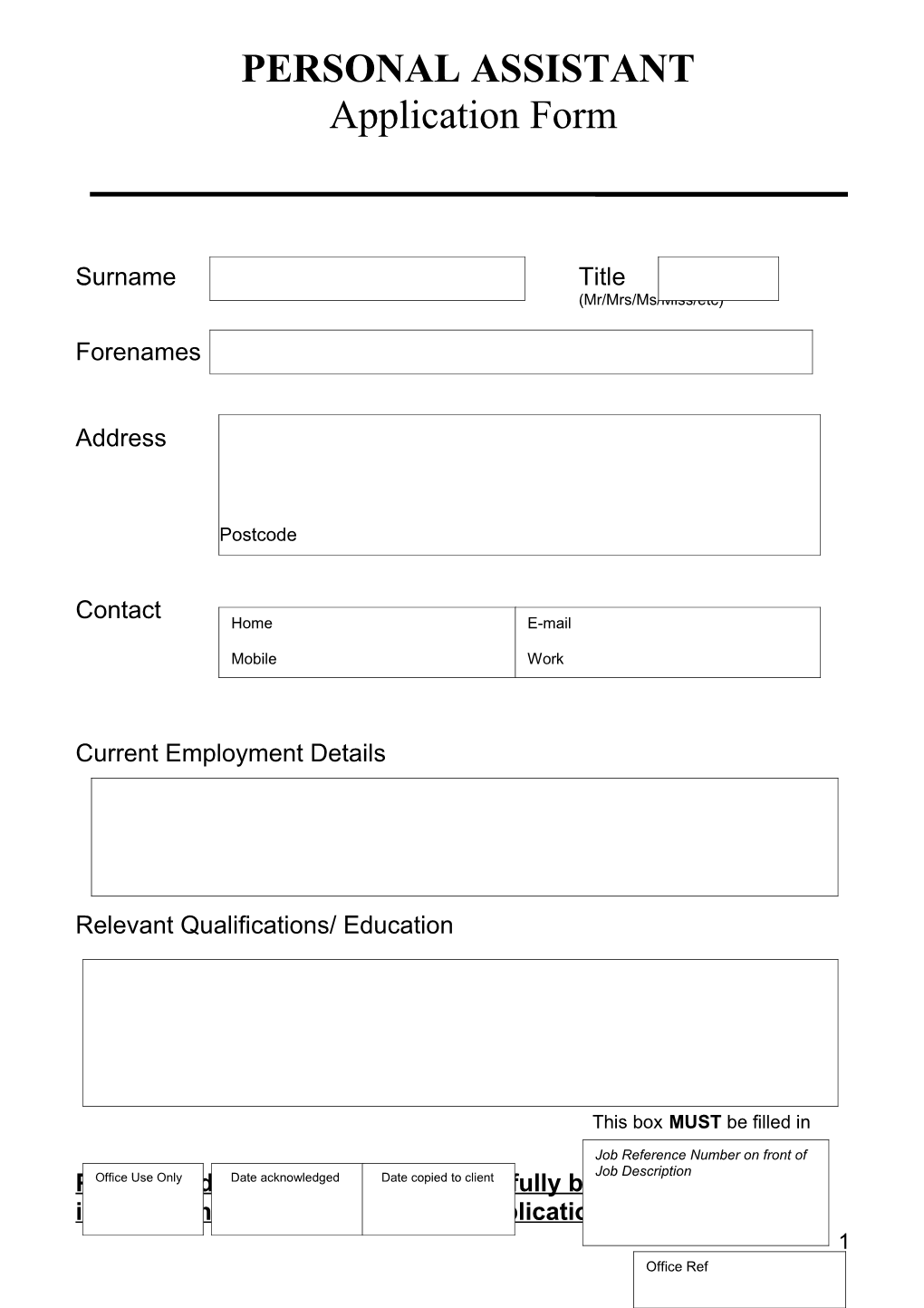 Application Form As a PERSONAL ASSISTANT