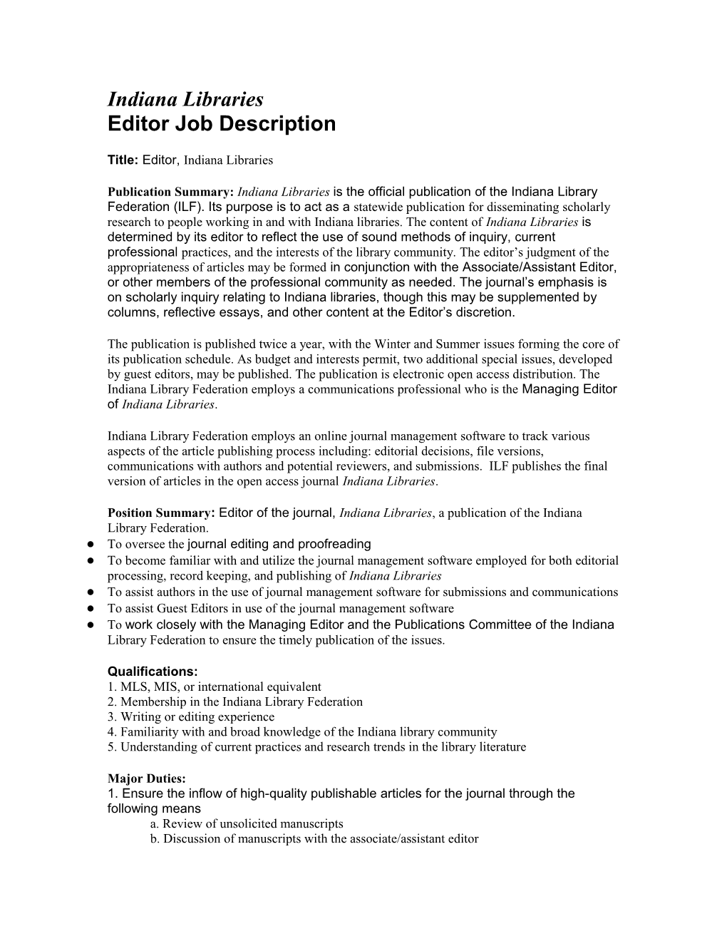 Indiana Libraries Editor Position Description Final 2014