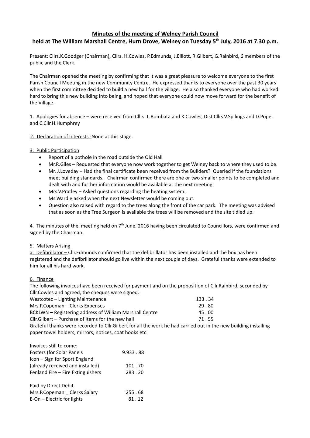 Minutes of the Meeting of Welney Parish Council