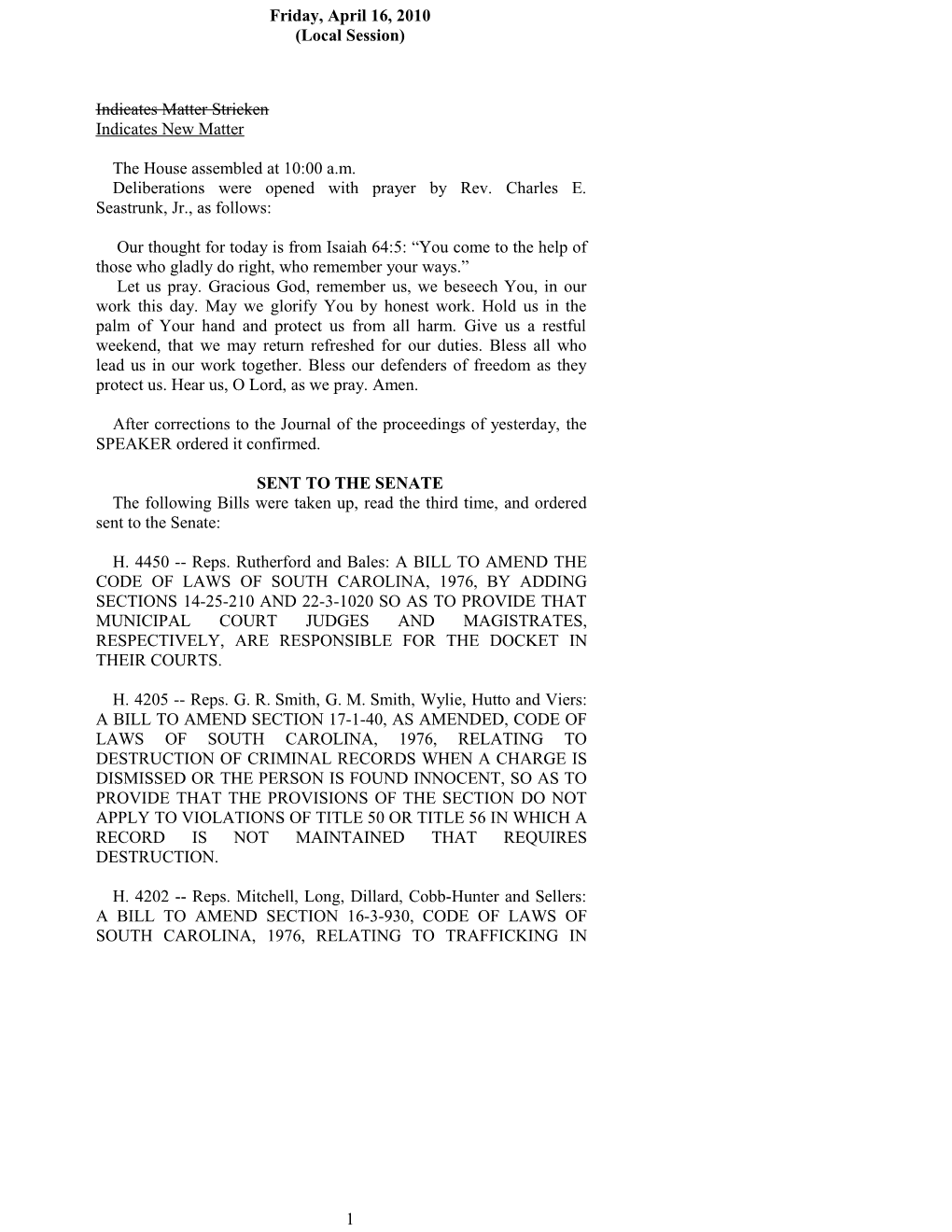 House Journal for Apr. 16, 2010 - South Carolina Legislature Online