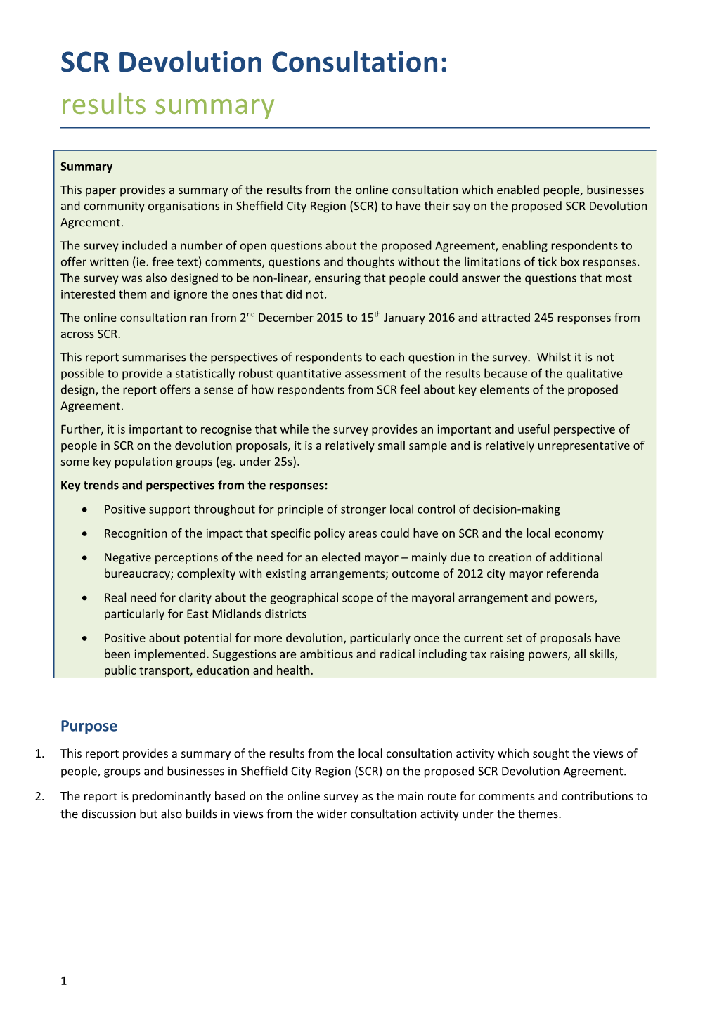 SCR Devolution Consultation: Results Summary