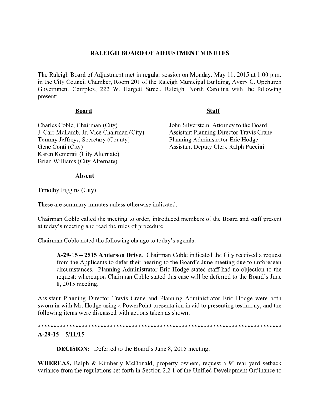 Raleigh Board of Adjustment Minutes - 05/11/2015