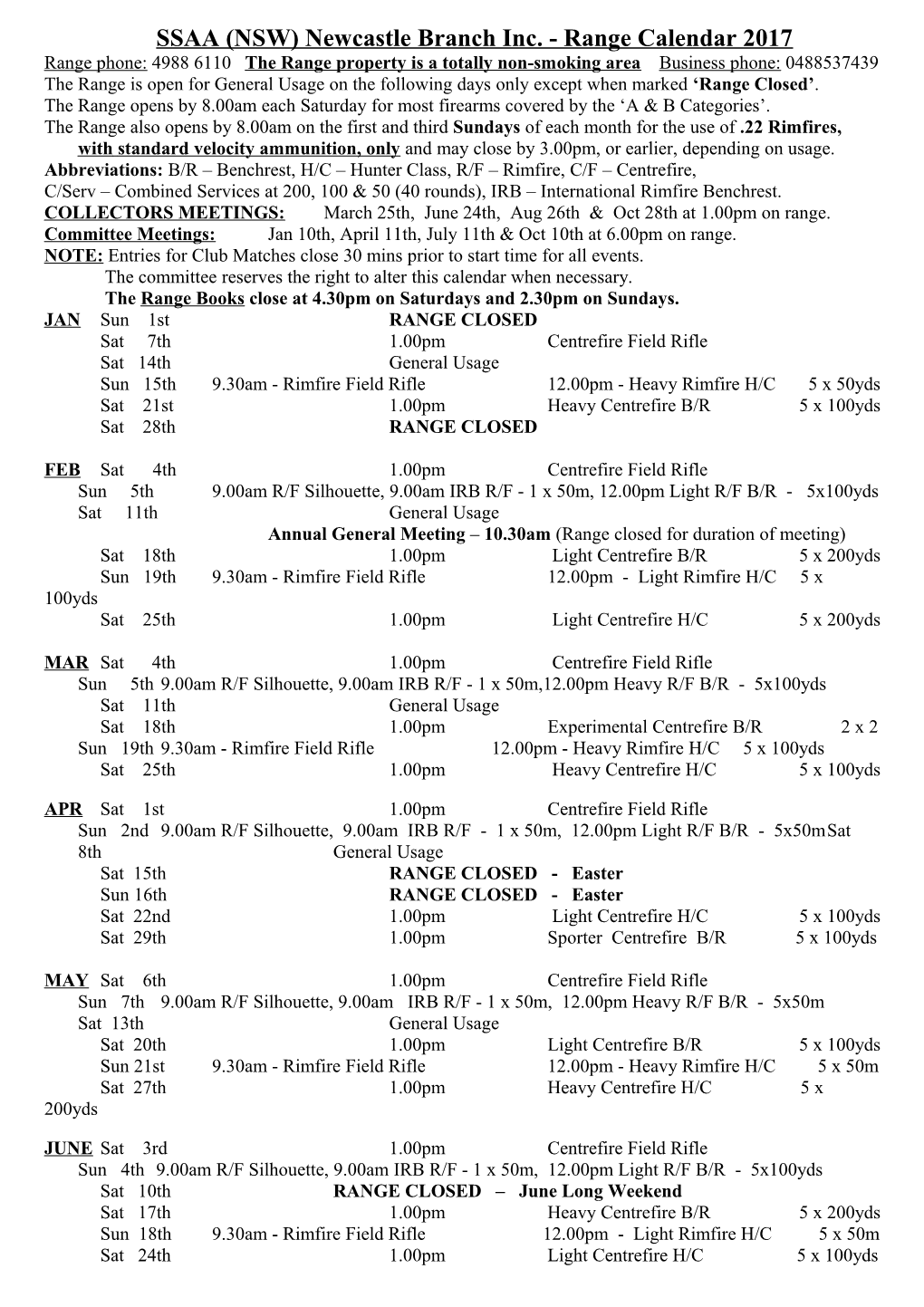 SSAA (NSW) Newcastle Branch Inc. - Range Calendar 2017