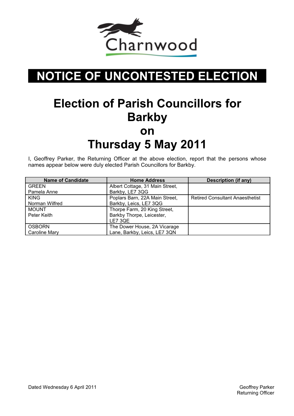 Election of Parish Councillors For