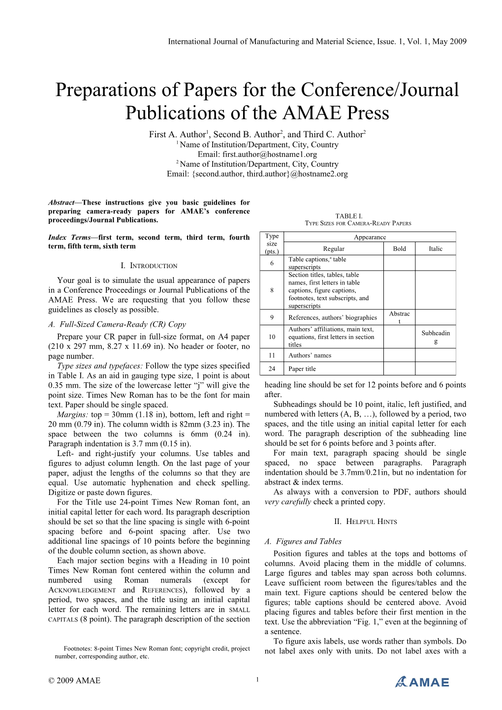 Preparations of Papers for the Conference/Journalpublications of the Amaepress