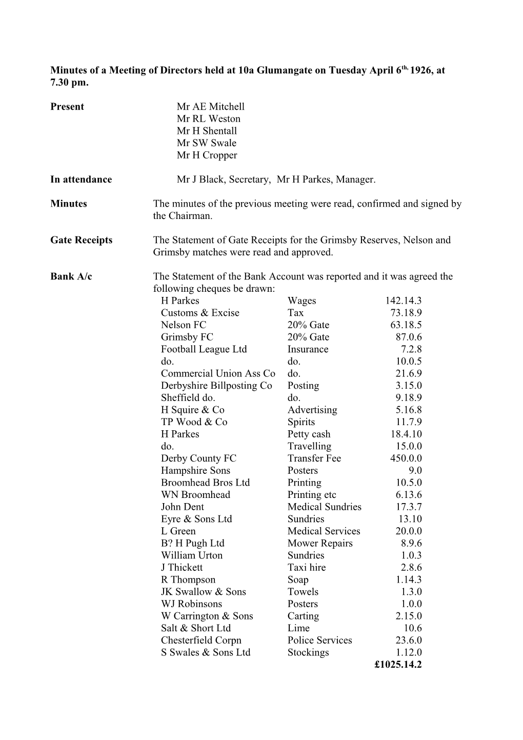 Minutes of a Meeting of Directors Held at 10A Glumangate on Tuesdayapril 6Th, 1926, At