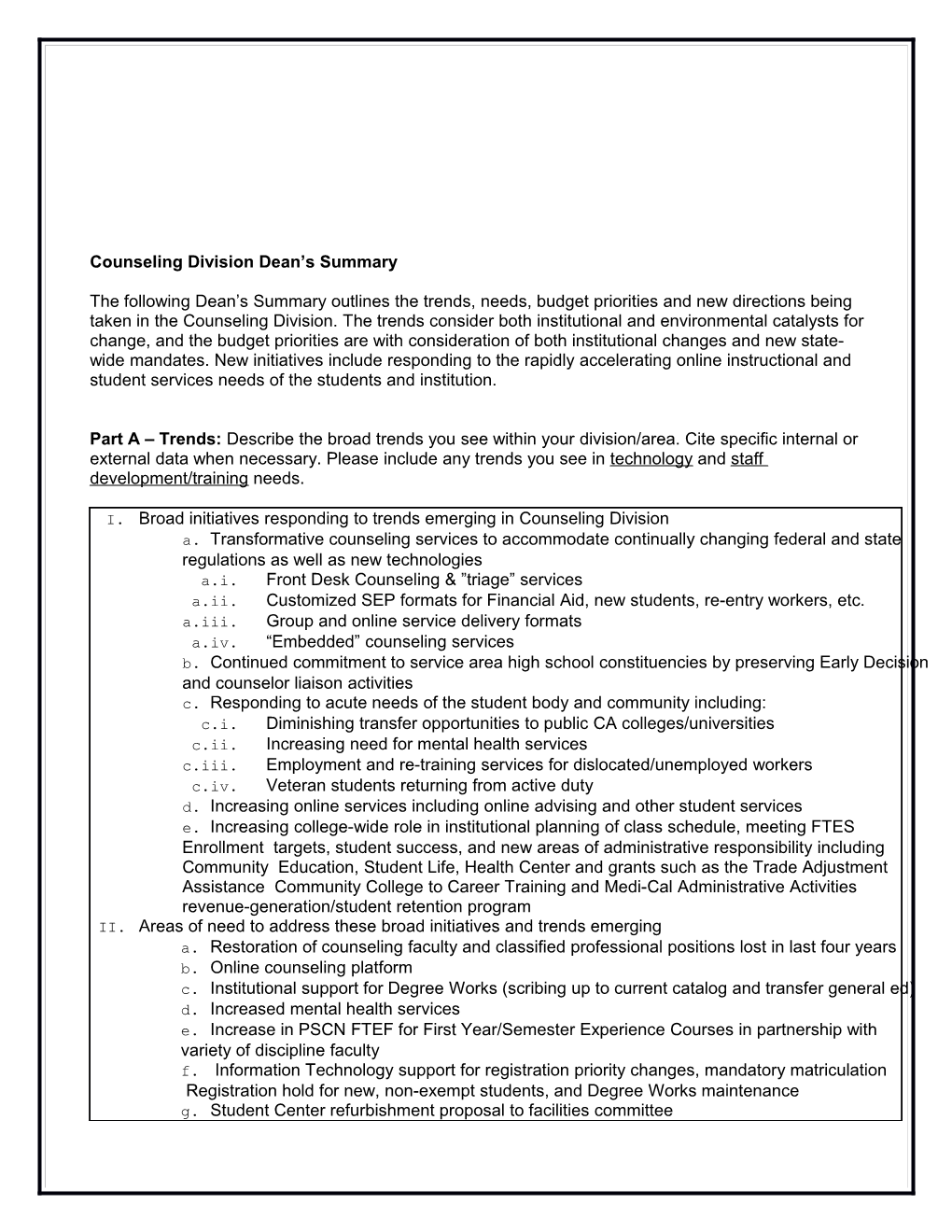 Counseling Division Dean S Summary