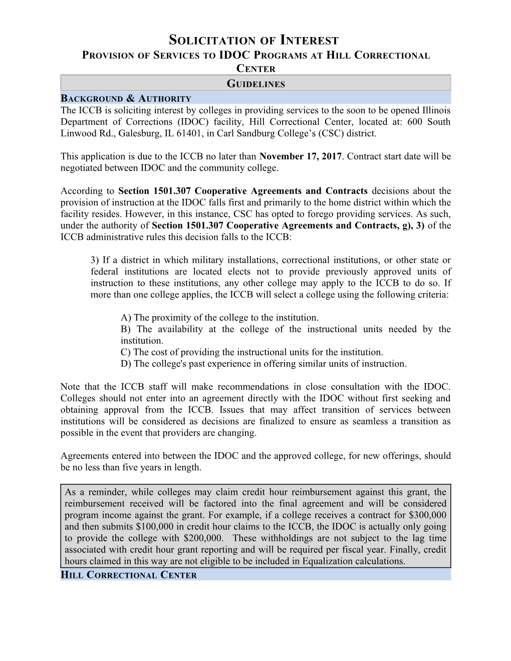 Provision of Services to IDOC Programs at Hill Correctional Center