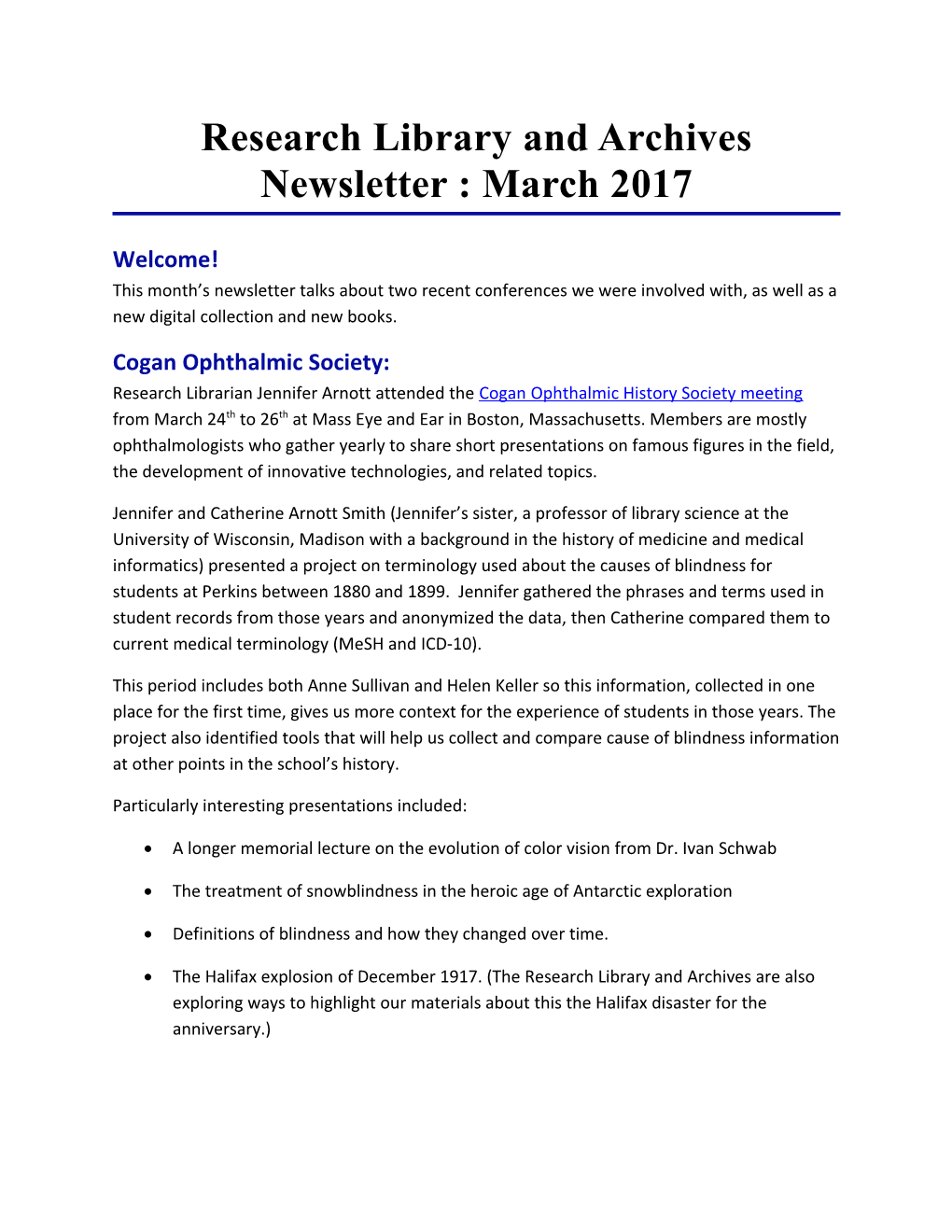 Research Libraryand Archives Newsletter :March 2017