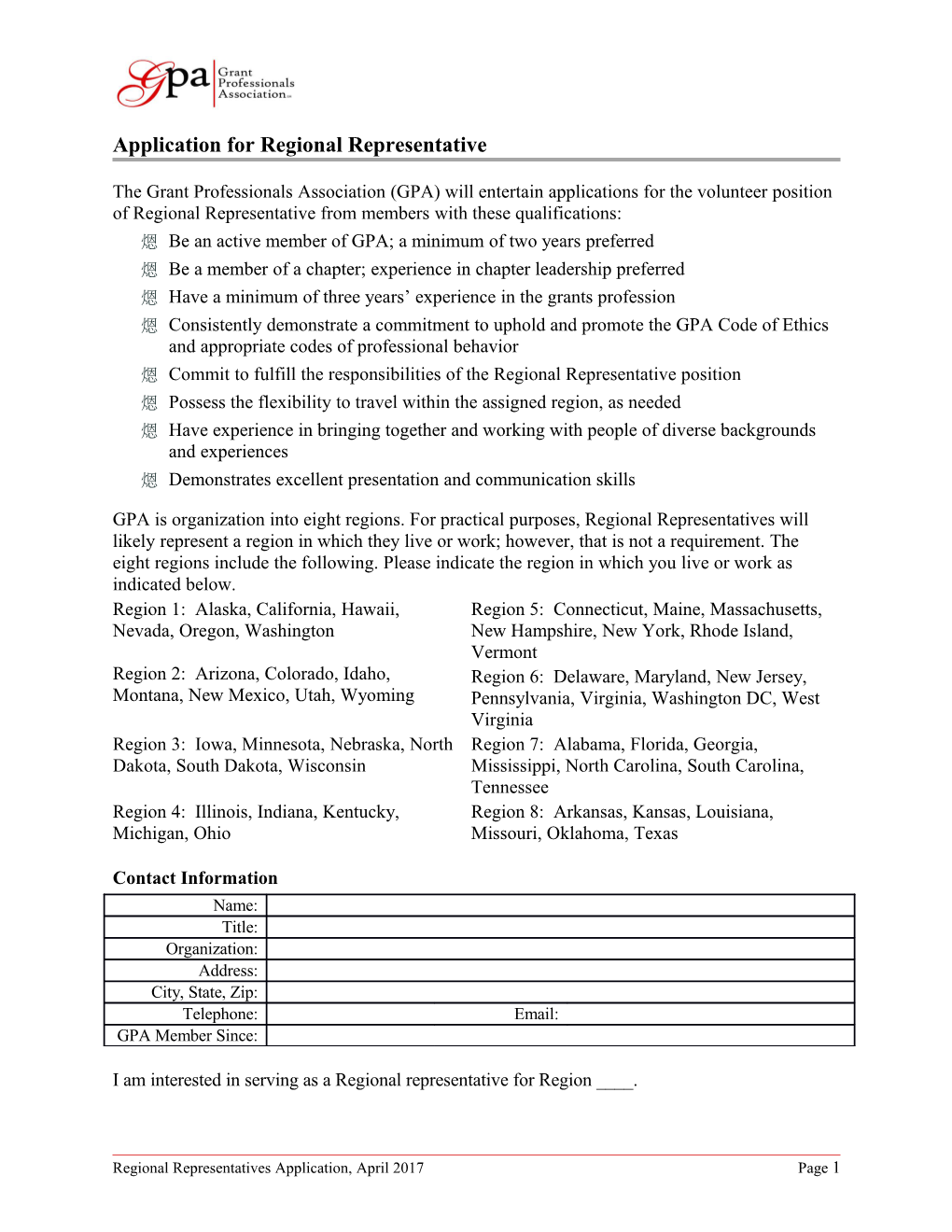 Application for Regional Representative