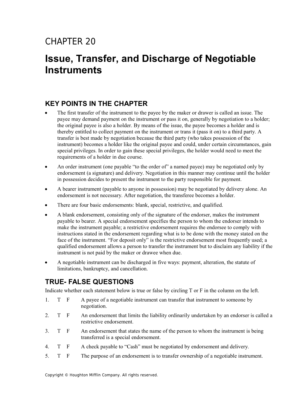Chapter 20: Issue, Transfer, and Discharge of Negotiable Instruments 1
