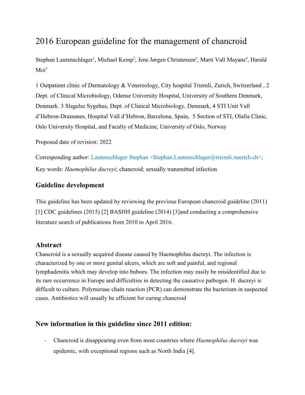 2016 European Guideline for the Management of Chancroid