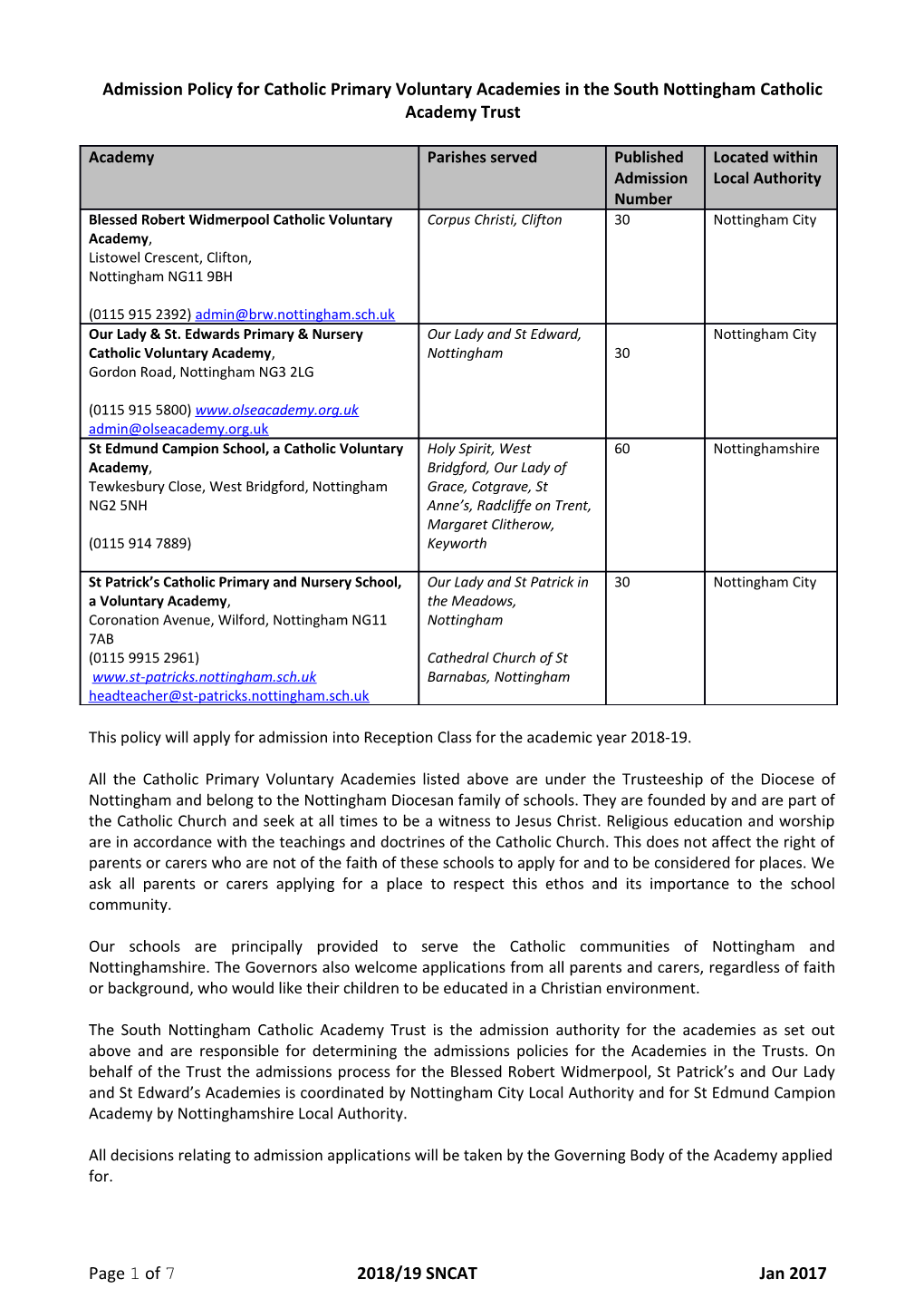 Admission Policy for Catholic Voluntary Aided Primary Schools in Lincolnshire