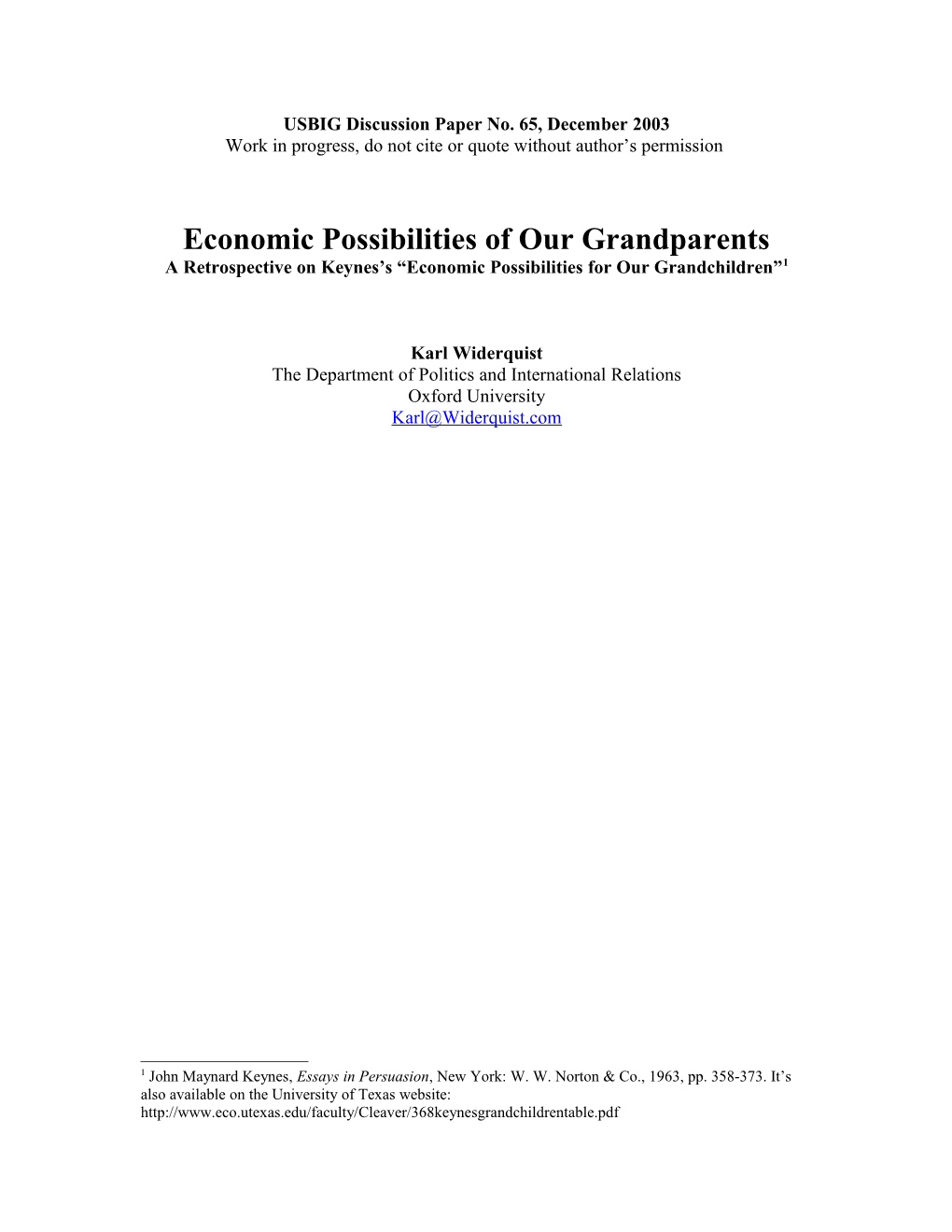 The Economic Possibilities of Our Grandparents: an Introduction to Keynes S Economic