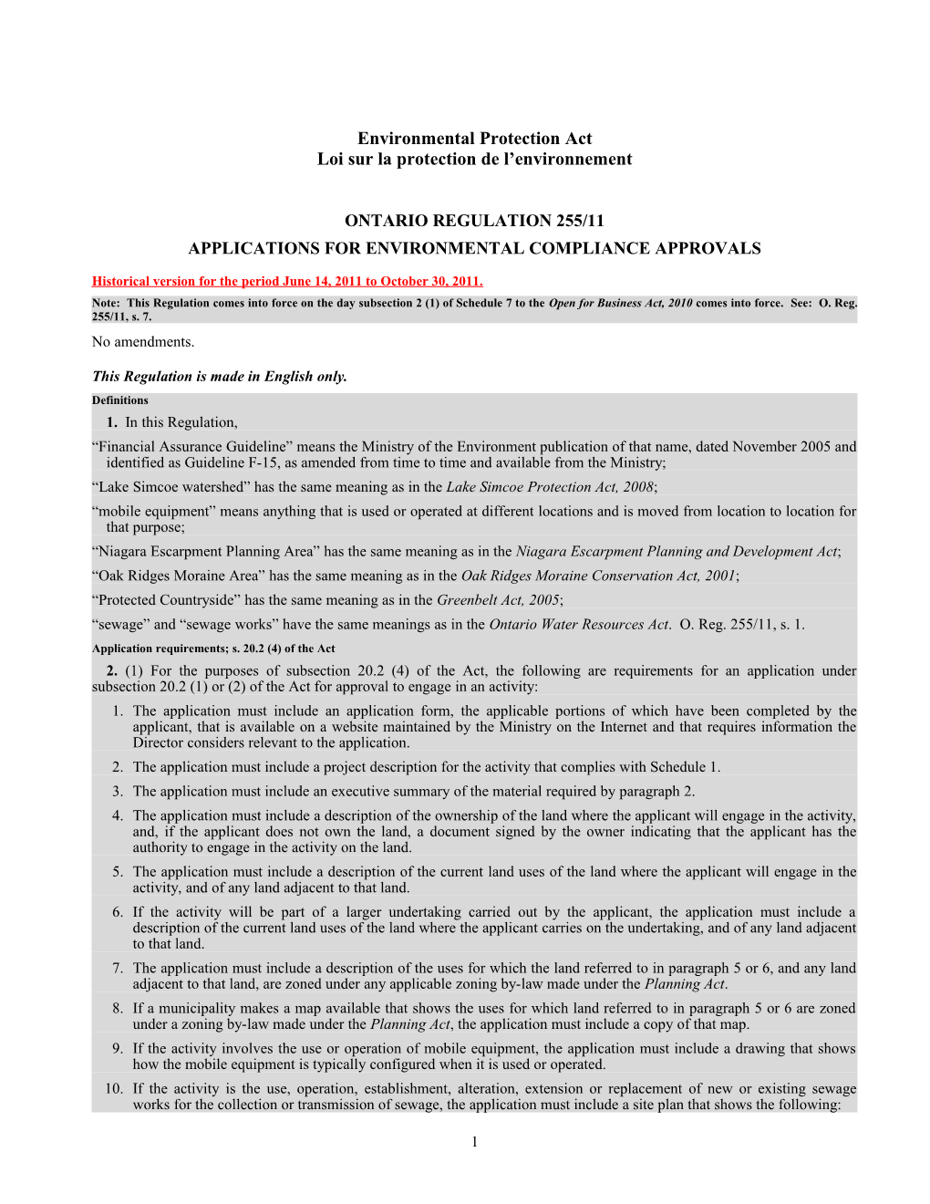 Environmental Protection Act - O. Reg. 255/11