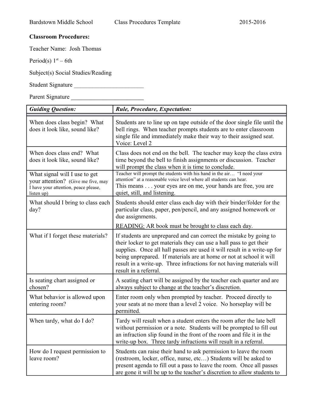 Bardstown Middle School, Class Procedures Template