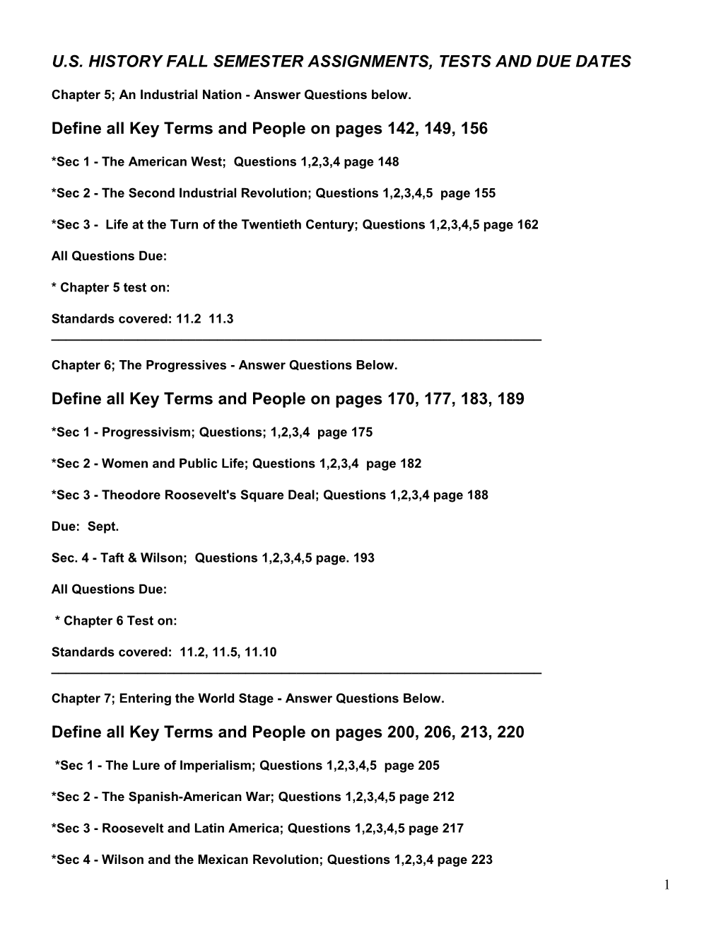 U.S. History Fall Semester Assignments, Tests and Due Dates