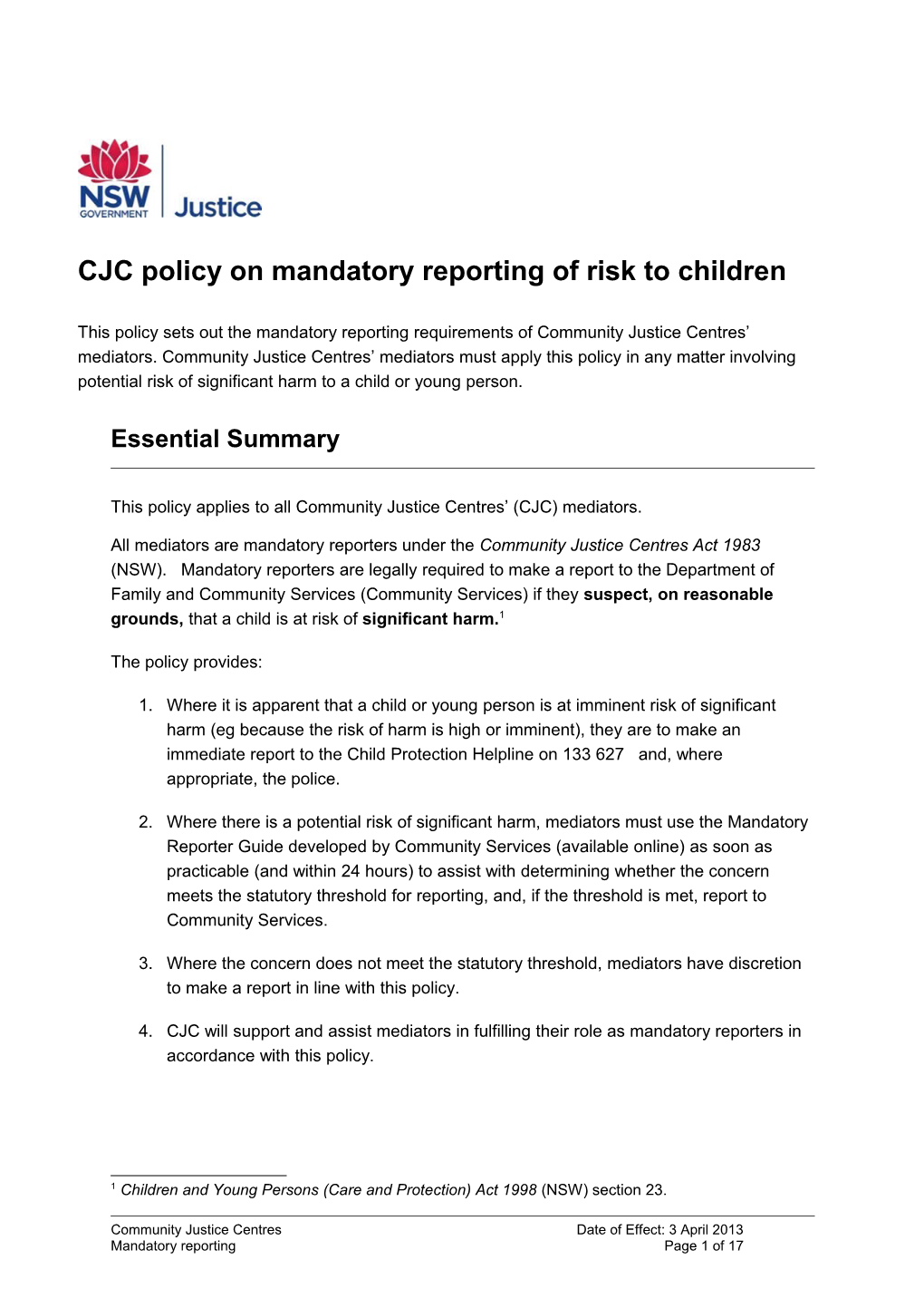 CJC Policy - Mandatory Reporting