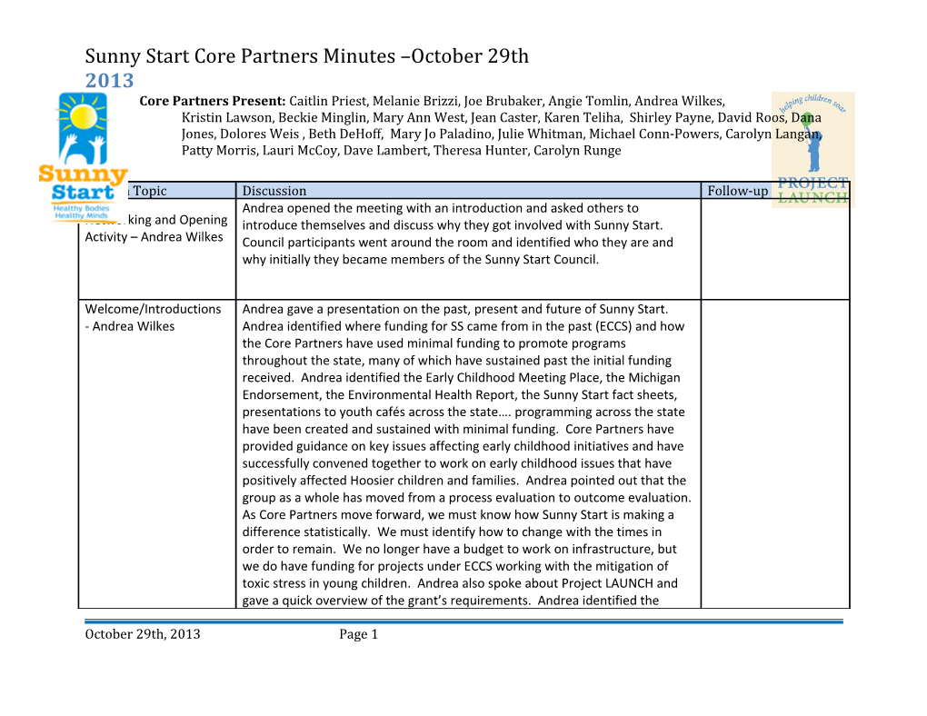 Sunny Start Core Partners Minutes October 29Th