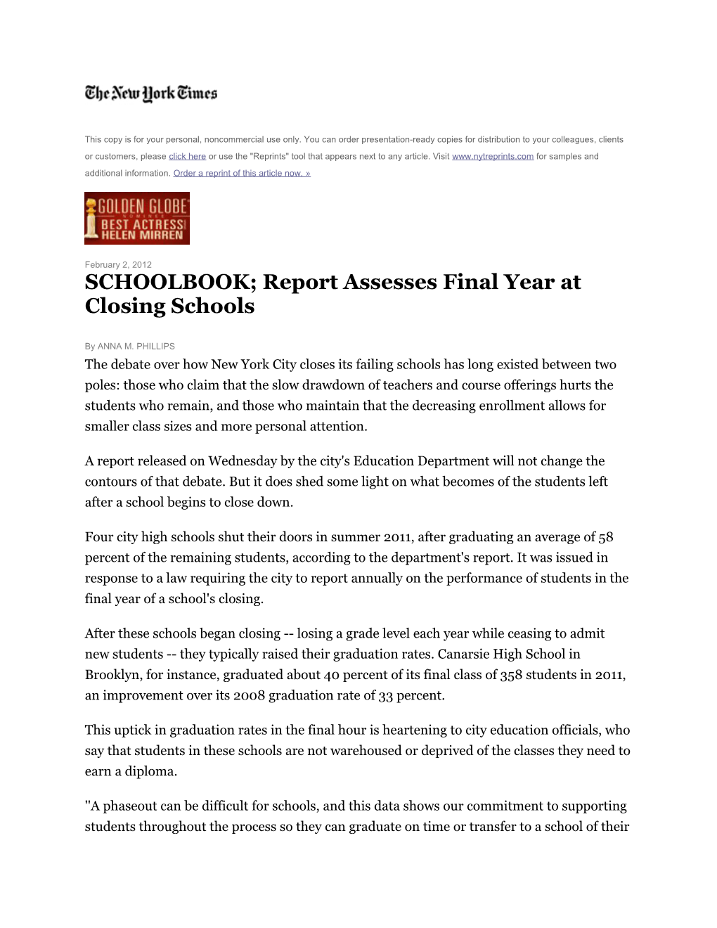 SCHOOLBOOK; Report Assesses Final Year at Closing Schools